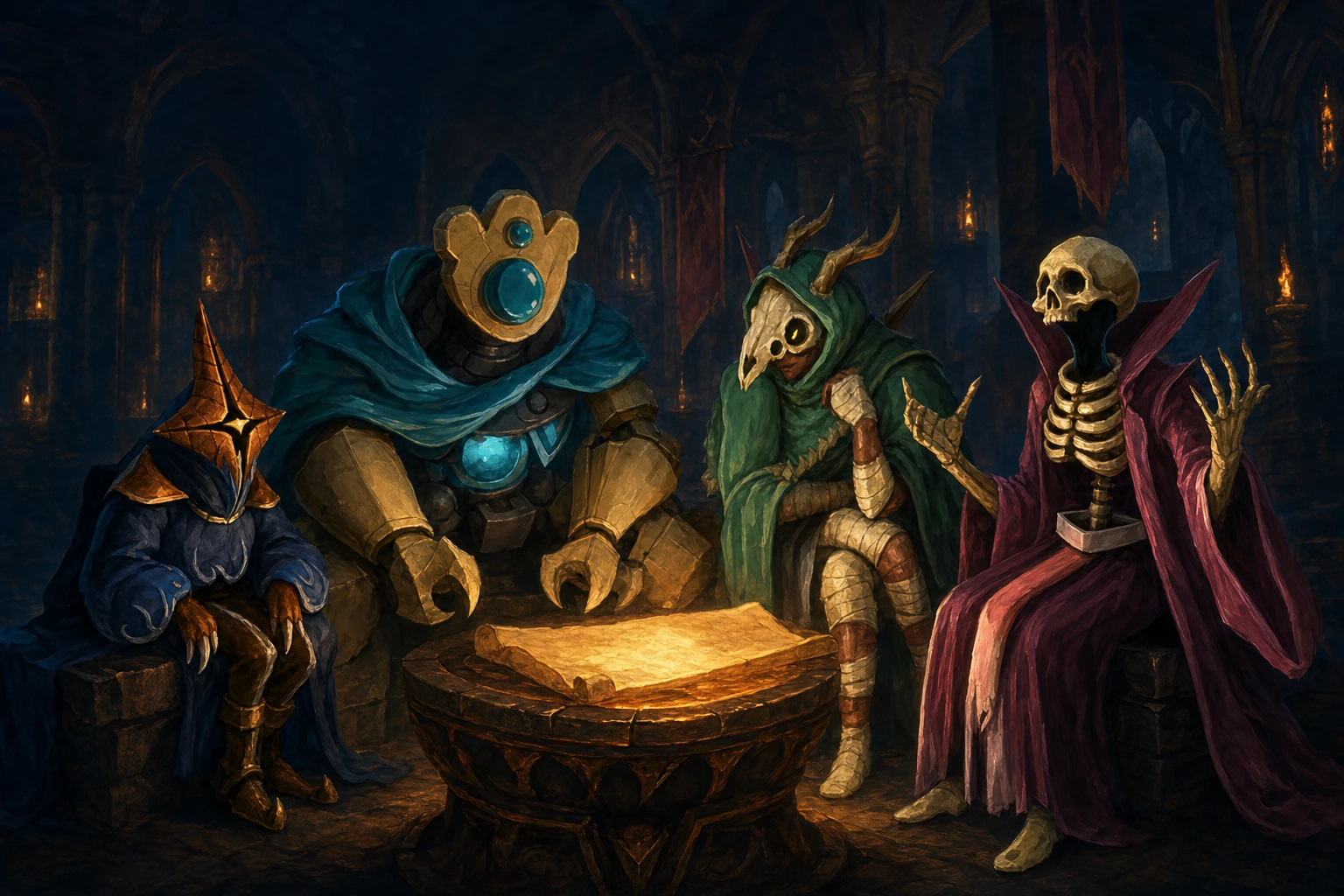 The Regent, the Defect, the Silent, and the Necrobinder gathered around a glowing brazier in a candlelit spire — painted illustration matching the in-game art style.