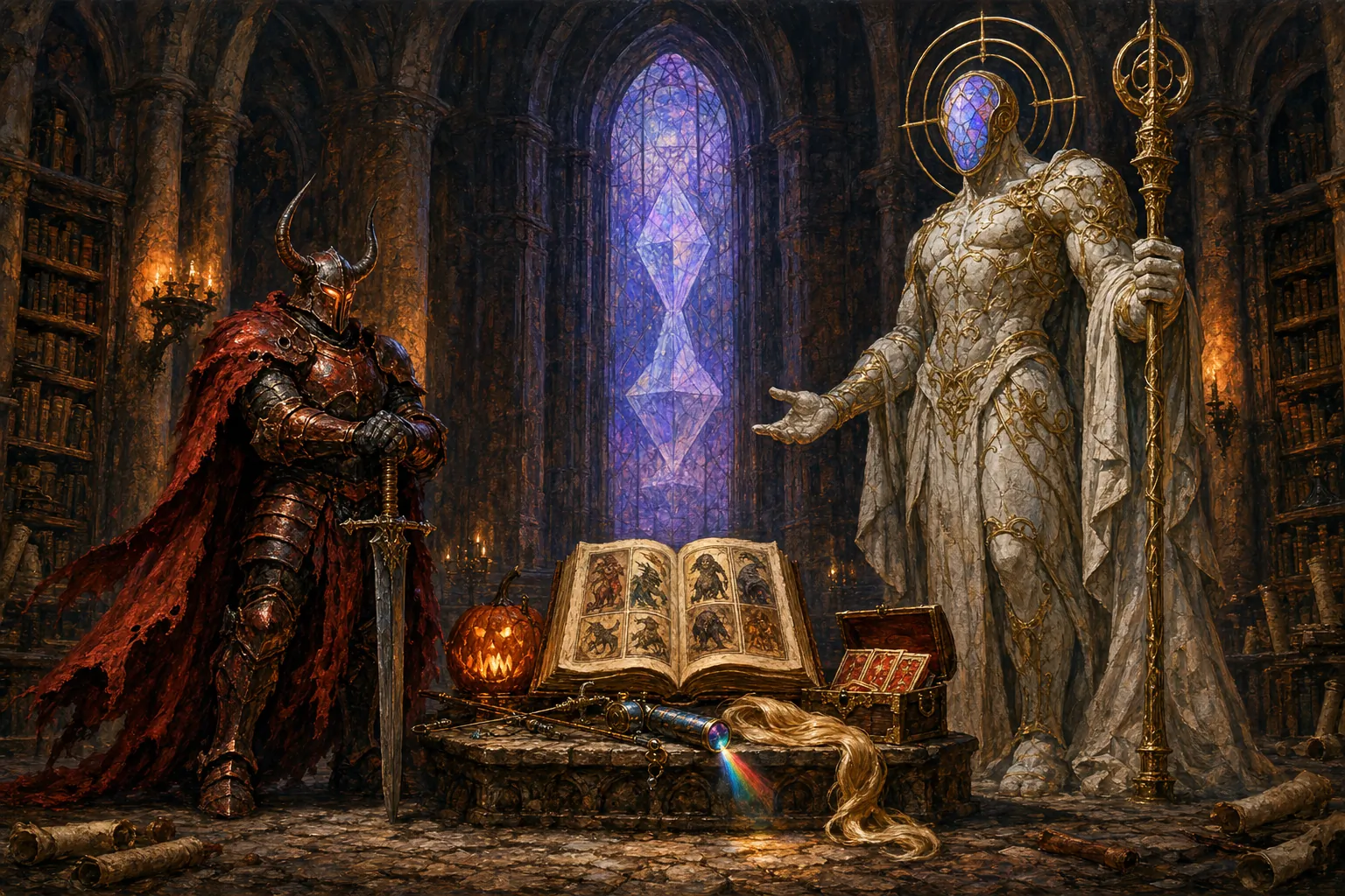 Painted illustration of the Ironclad on the left and the Architect on the right facing each other across a stone altar in a candlelit gothic library. Between them, an open glowing bestiary tome shows painted monster portraits, surrounded by a flickering pumpkin candle, a brass fishing rod, a kaleidoscope refracting a small rainbow, a coil of silken golden hair, and a half-open chest of glowing red-and-gold cards. Behind them, an arched stained-glass window holds the faint crystalline hourglass silhouette of Aeonglass.