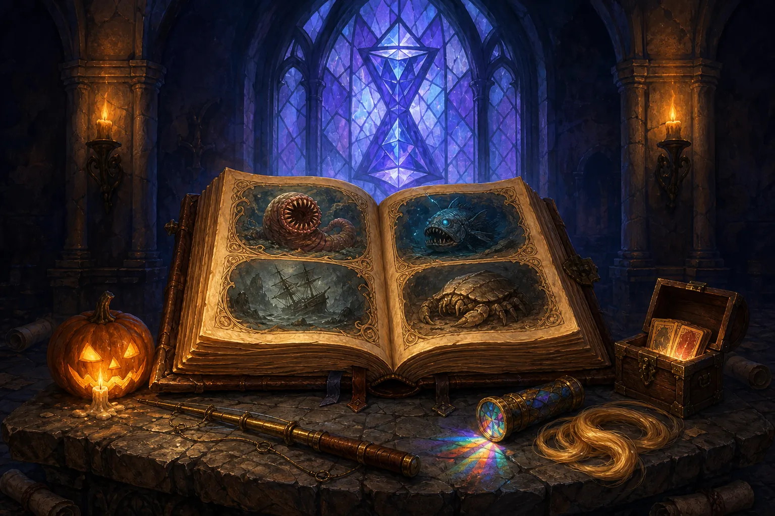 Painted still-life illustration of an open glowing bestiary tome resting on a stone altar in a candlelit gothic spire chamber. The tome's pages display painted miniature portraits of monsters. A flickering pumpkin candle, a brass fishing rod, a kaleidoscope refracting a small rainbow, a coil of silken golden hair, and a half-open chest of glowing red-and-gold cards rest on the altar around the tome. A tall stained-glass window behind the altar holds the prominent angular crystalline hourglass silhouette of Aeonglass.