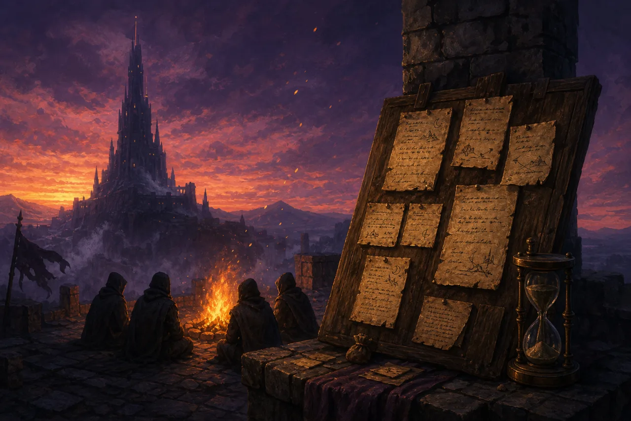 Painted illustration of a glowing campfire on a high stone outpost, with four hooded travelers seated around it. In the foreground a wooden notice board pinned with parchment scraps that read like handwritten lobby listings, and a small brass hourglass on a stand beside it. Behind, a vast dark spire rises against a violet-and-ember dusk sky.